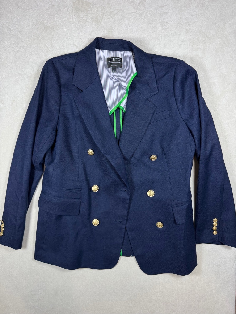 J. Crew Bristol Sz 12 Navy Double-Breasted Blazer with Gold Buttons Linen Blend